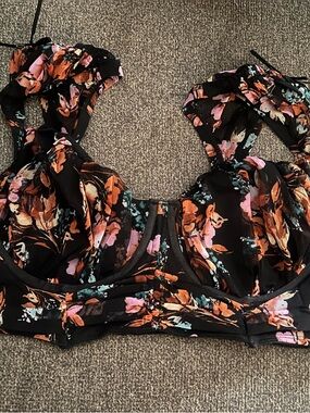 torrid Black Floral Ruffle Strap Bra with Orange & Pink Blooms